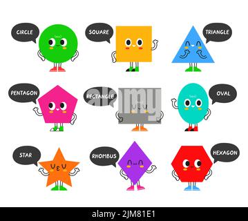 Cute funny happy geometry shapes character set collection. Vector flat cartoon kawaii character illustration icon. Isolated on white background. Geometry,figure,shape,kids character bundle concept Stock Vector