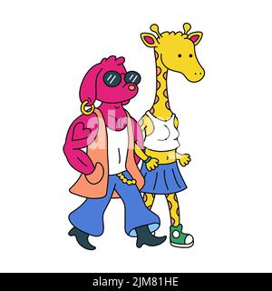 Funny cool dog and giraffe couple walking. Vector trendy doodle cartoon style character illustration icon. Trendy fashion animals couple. Isolated on white background Stock Vector