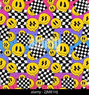 Funny melt smile faces geometry seamless pattern.Vector crazy cartoon character illustration.Smile techno faces melting acid,trippy,cells,techno,space seamless pattern wallpaper print concept Stock Vector