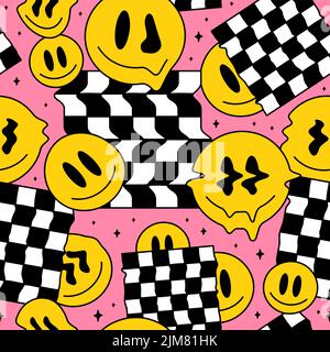 Funny melt smile faces geometry seamless pattern.Vector crazy cartoon character illustration.Smile techno faces melting acid,trippy,cells,techno,space seamless pattern wallpaper print concept Stock Vector