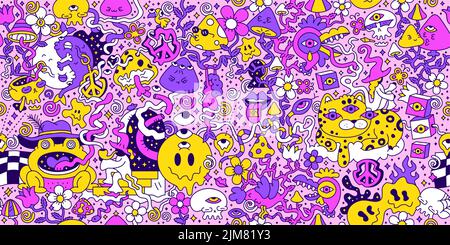 Psychedelic trippy seamless pattern art.Mushroom,magic wizard smoking,melt smile face.Vector cartoon hippie illustration doodle.Trippy 60s,70s,magic mushroom,acid,cannabis seamless pattern art concept Stock Vector