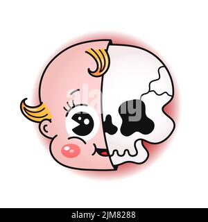 Funny baby head and skull print for t shirt.Vector line doodle traditional retro cartoon illustration.Funny vintage cartoon print poster,t-shirt,sticker concept Stock Vector