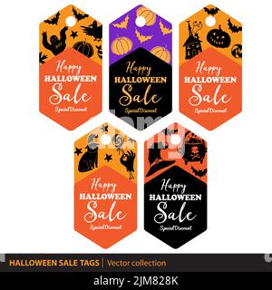 Halloween sale tags set. Vector collection of special discount labels for Halloween. Various sale tag design templates with vector illustrations in Ha Stock Vector