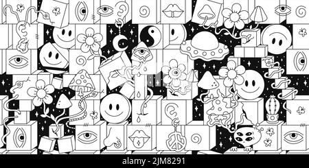 Crazy trippy 60s style psychedelic geometry seamless pattern,page for coloring book.Vector graphic illustration Stock Vector