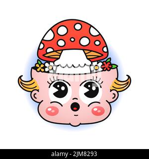Funny baby head with amanita mushroom print for t shirt.Vector line doodle traditional retro cartoon illustration.Funny vintage cartoon print poster,t-shirt,sticker concept Stock Vector