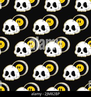 Half of skull with smile face inside seamless pattern art.Vector line doodle 70s style cartoon character illustration logo.Trippy half skull,psychedelic,acid,smile emoji face seamless pattern concept Stock Vector