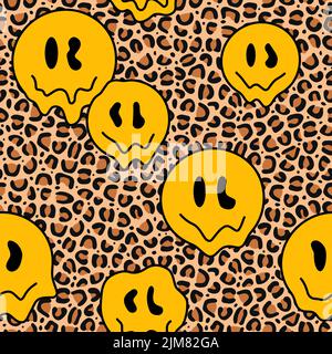 Leopard skin,melt smile face seamless pattern art.Vector style cartoon illustration design wallpaper.Leopard,jaguar skin fur,trippy,acid,melt 90s fashion seamless pattern background concept Stock Vector