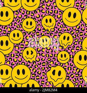 Leopard pink skin,melt smile face seamless pattern art.Vector style cartoon illustration design wallpaper.Leopard,jaguar pink skin fur,trippy,acid,melt 90s fashion seamless pattern background concept Stock Vector