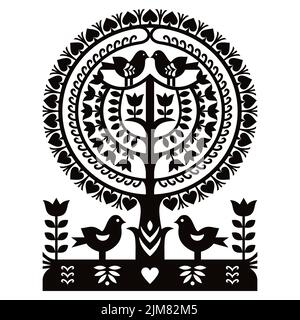 Polish folk art vector pattern Wycinanki Kurpiowskie - Kurpie Papercuts with birds, tree and flowers in black on white background Stock Vector