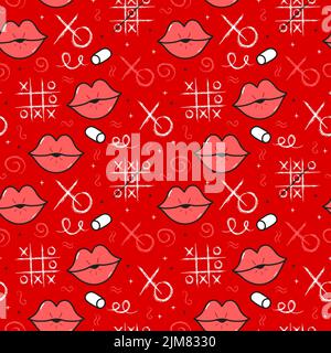 Lips and tic-tac-toe seamless pattern. Vector illustration background Stock Vector