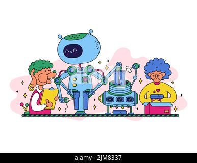 Cute funny jeans factory. Vector trendy doodle cartoon style character illustration icon. Jeans factory,robot character. Isolated on white background Stock Vector