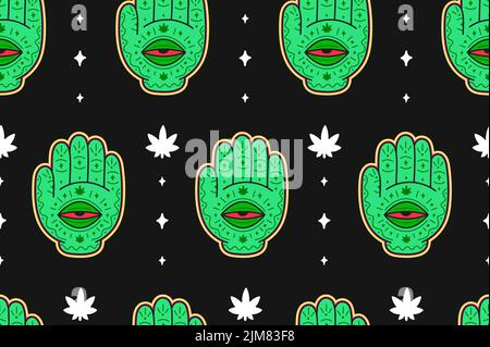 Hand with open red eye seamless pattern,wallpaper. Vector cartoon character illustration logo design. Magic hand,palm with eye,weed,cannabis,marijuana seamless pattern,background concept Stock Vector