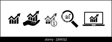 Increase money growth icon. Chart with magnifying glass icon. Chart with hand. Stock Vector