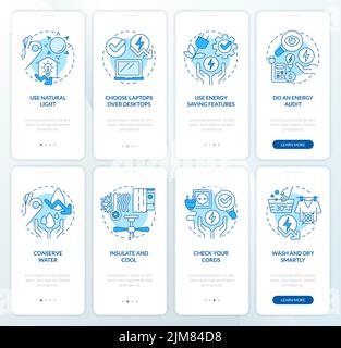 Energy efficiency blue onboarding mobile app screen set Stock Vector