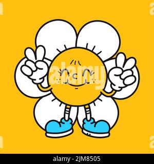 Cute funny flower show peace gesture t-shirt print design. Vector retro vintage cartoon character illustration. Funny hippie flower,camomile print for t-shirt,poster,sticker,logo art concept Stock Vector