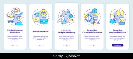 Examples of ethical behavior onboarding mobile app screen Stock Vector