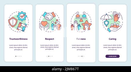 Types of business ethics onboarding mobile app screen Stock Vector