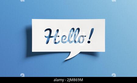 Hello salutation or greeting word to welcome someone or initiate a conversation. Design with letters cut out in paper speech bubble over blue backgrou Stock Photo