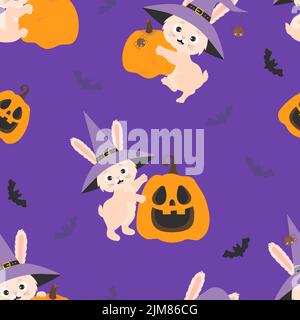 Cute Halloween. Seamless pattern with funny Halloween rabbit in witch hat with spider and pumpkin lantern Jack on purple background with bats. Vector Stock Vector