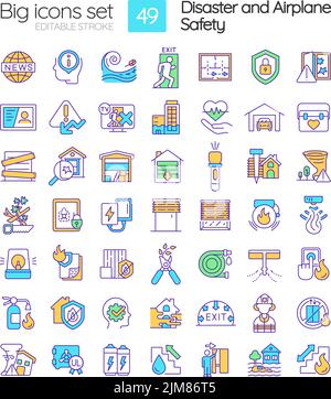 Disaster and airplane safety RGB color icons set Stock Vector