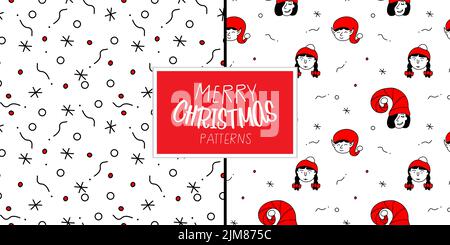 Merry Christmas set of seamless pattern with head elf and Santa Claus. The xmas black and red vector illustration in doodle art style. Trendy hand Stock Vector