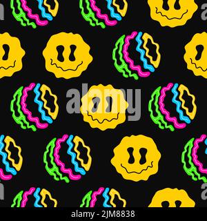 Acid circle quote and melt smile face seamless pattern. Vector hand drawn cartoon illustration. Acid text print,melt emoji smile face,trippy,lsd,psychedelic seamless pattern wallpaper concept Stock Vector