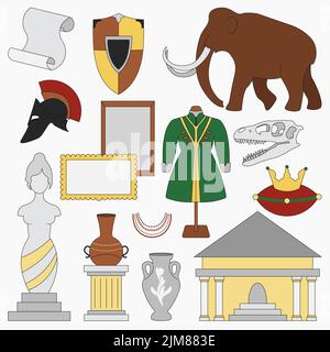 Flat vector set of isolated museum exhibits.  Stock Vector