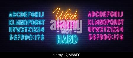 Work Smart Not Hard neon quote on a brick wall. Stock Vector