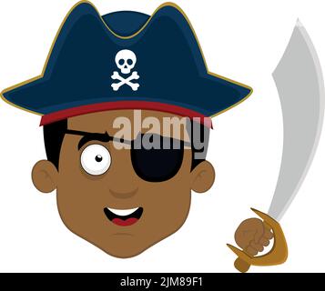 Pirate skull with eye patch, hat, bandana, glowing eye. Vector hand ...