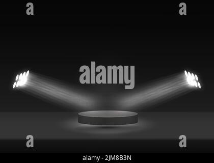 Black cylinder pedestal podium. Realistic vector rendering 3d shape. Studio room concept with podium and spotlight minimal wall scene Stock Vector