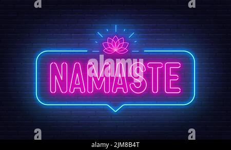 Namaste neon sign in the speech bubble on black background. Stock Vector