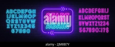 Start again neon sign on a brick background. Stock Vector