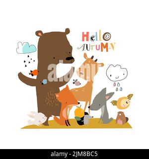 Group of Cartoon Animals meeting Autumn on White Background Stock Vector