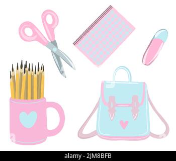 Cute vector set of back to school. Start of studies, stationery items in pink and blue. Stock Vector