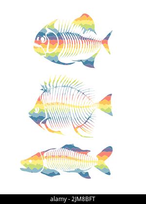 Vector set with rainbow fish skeleton isolated on a white background. Stock Vector