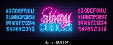 Stay Curious neon lettering on brick wall background. Stock Vector