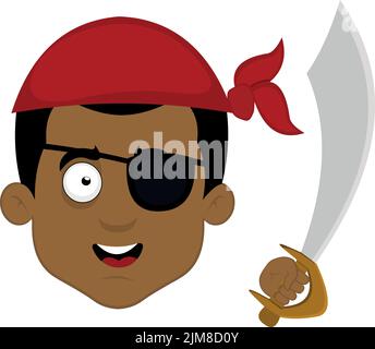 Vector illustration of the face of a cartoon pirate, with a headscarf, an eye patch and a sword in his hand Stock Vector