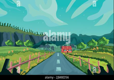 The road passes through green landscapes and beautiful mountains Stock Vector