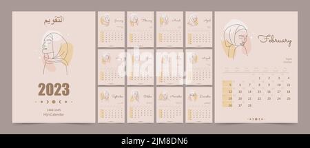 Hijri islamic and gregorian calendar 2023. From 1444 to 1445 vector template with abstract arabic women faces in one line style. Week starting on Stock Vector