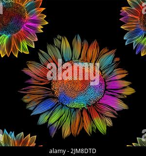 Multicolored sunflowers seamless pattern on a black background. Vector illustration Stock Vector