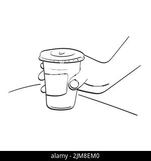 closeup hand holding iced coffee on table illustration vector hand drawn isolated on white background line art. Stock Vector