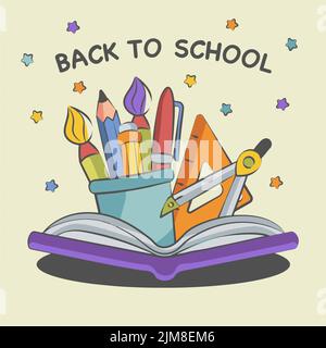 back to school background composition from a book of pens pencils and a compass Stock Vector