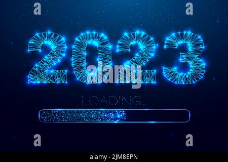 New year 2023 loading. Loading bar. Low poly style design. Numbers from a polygonal wireframe mesh. Abstract vector illustration on dark background. Stock Vector