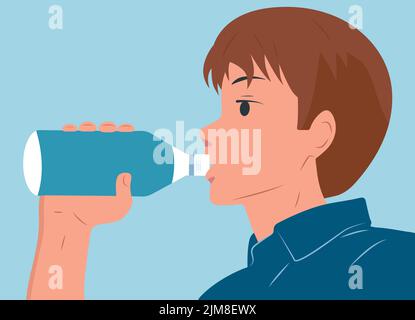 The guy drinks water from a bottle. Vector flat Stock Vector