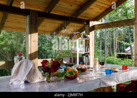 Various food stands on the table in nature Stock Photo