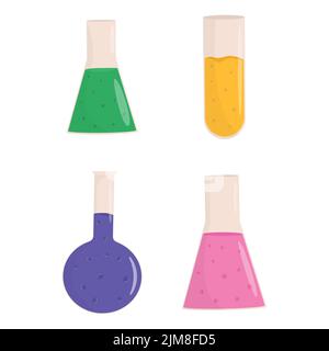 Multicolored chemical flasks isolated on white background. Stock Vector