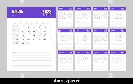 Hijri islamic and gregorian calendar 2023. From 1444 to 1445 vector celebration template. Week starting on sunday. Ready for print. Flat minimal desk Stock Vector