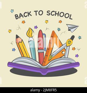 background back to school composition from book pencil and brush Stock Vector