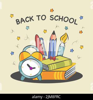 back to school background composition of books and alarm clock Stock Vector