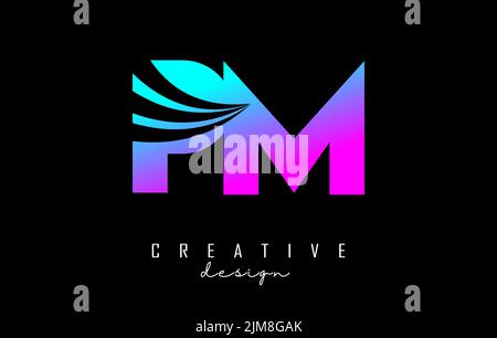 Creative colorful letter Pm p m logo with leading lines and road concept design. Letters with geometric design. Vector Illustration with letter and cr Stock Vector